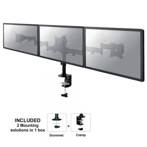 MountingMinimum screen size compatibility25.4 cm (10")Number of displays supported3Minimum VESA mount75 x 75 mmMaximum VESA mount100 x 100 mmMountingClamp/Bolt-throughDistance to the wall (min)5 cmDistance to the wall (max)63 cmMaximum weight capacity8 kgMaximum screen size compatibility68.6 cm (27")ErgonomicsHeight adjustmentYesHeight adjustment range0 - 400 mmSwivel angle90°Tilt angle range0 - 90°Angle of rotation360°Technical detailsDistance to the wall (min)5 cmDistance to the wall (max)63 cmProduct colourBlackDesignProduct colourBlackWeight & dimensionsPackage width300 mmPackage depth135 mmPackage height620 mmHeight400 mmLogistics dataMaster (outer) case width63 cmMaster (outer) case length31 cmMaster (outer) case height28.5 cmQuantity per master (outer) case2 pc(s)Other featuresMountingClamp/Bolt-throughCountry of originChina